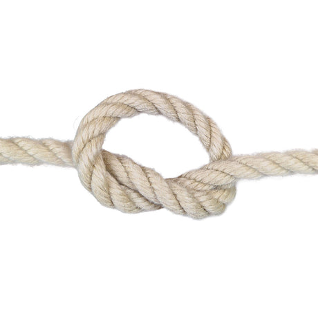 Close-up of a knotted piece of 10mm beige polyhemp rope with a white background