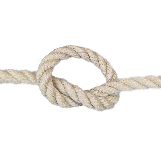 Close-up of a knotted piece of 10mm beige polyhemp rope with a white background