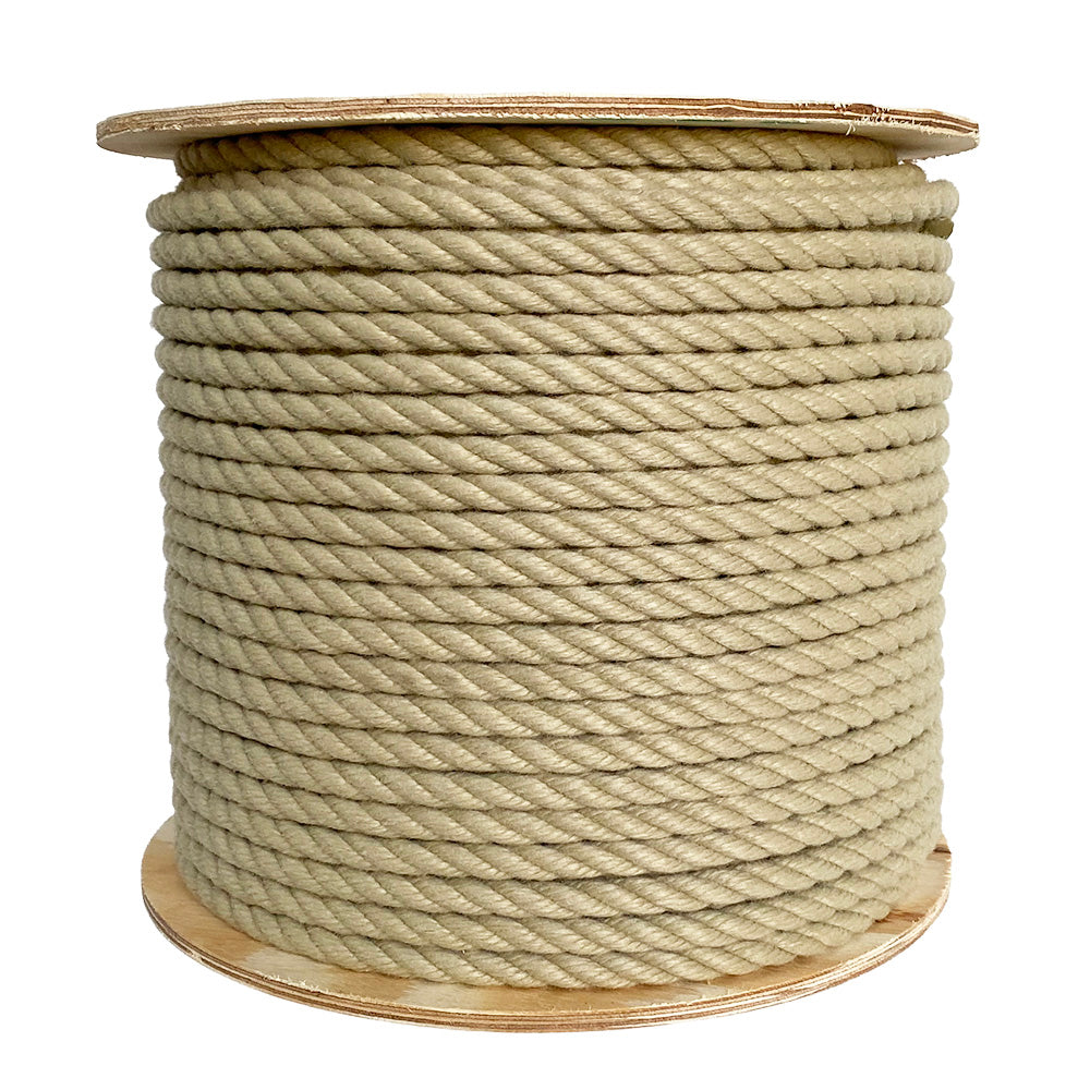 Spool of beige 10mm polyhemp rope on a reel with a white background