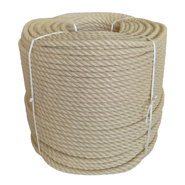 Coil of beige 10mm PolyHemp rope with white ties on a white background