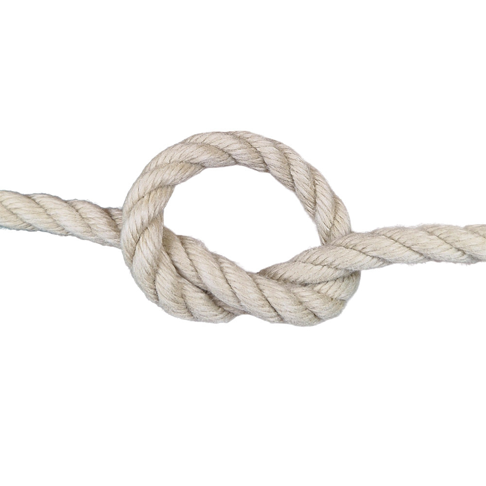 Close-up of a knotted piece of 12mm beige polyhemp rope with a white background