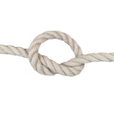 Close-up of a knotted piece of 12mm beige polyhemp rope with a white background