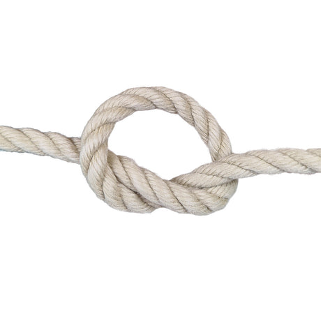 Close-up of a knotted piece of 12mm beige polyhemp rope with a white background