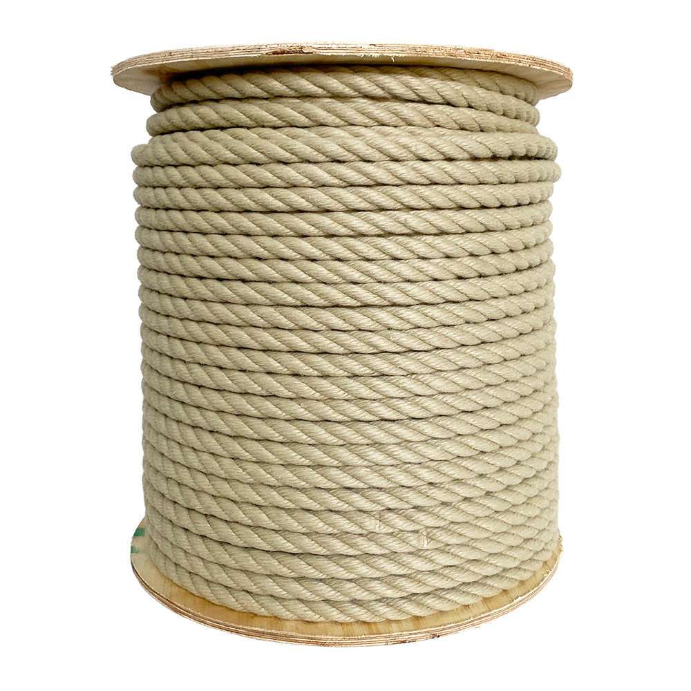 Spool of beige 12mm polyhemp rope on a reel with a white background