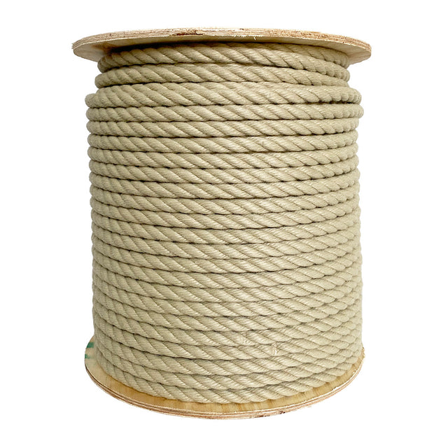 Spool of beige 12mm polyhemp rope on a reel with a white background