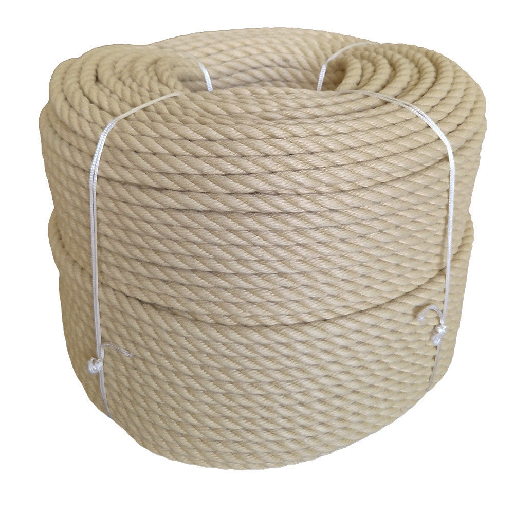 Coil of beige 12mm PolyHemp rope with white ties on a white background
