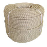 Coil of beige 12mm PolyHemp rope with white ties on a white background