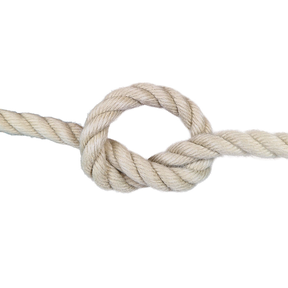 Close-up of a knotted piece of 14mm beige polyhemp rope with a white background