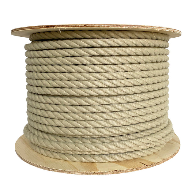 Spool of beige 14mm polyhemp rope on a reel with a white background
