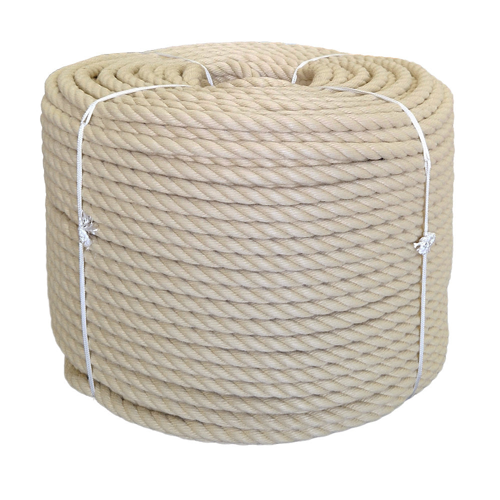 Coil of beige 14mm PolyHemp rope with white ties on a white background