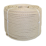 Coil of beige 14mm PolyHemp rope with white ties on a white background