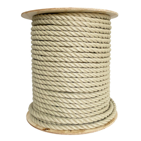 Spool of beige 16mm polyhemp rope on a reel with a white background
