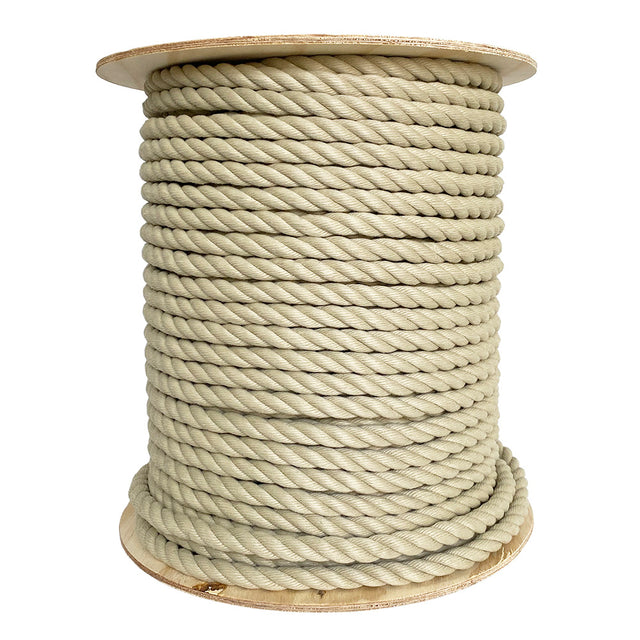 Spool of beige 16mm polyhemp rope on a reel with a white background
