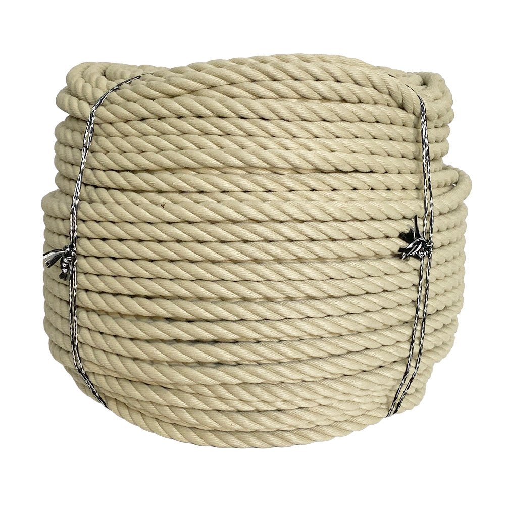 Coil of beige 16mm PolyHemp Rope with a white background
