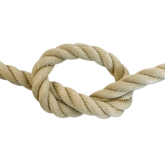 Close-up of a knotted piece of 18mm beige polyhemp rope with a white background