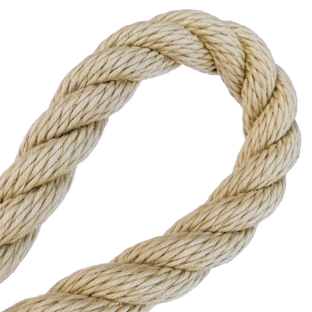 Close-up of a 20mm beige polyhemp rope in a loop with a white background