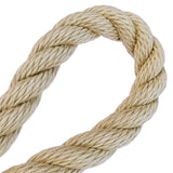 Close-up of a 20mm beige polyhemp rope in a loop with a white background