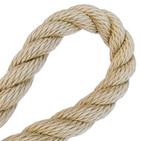 Close-up of a 20mm beige polyhemp rope in a loop with a white background