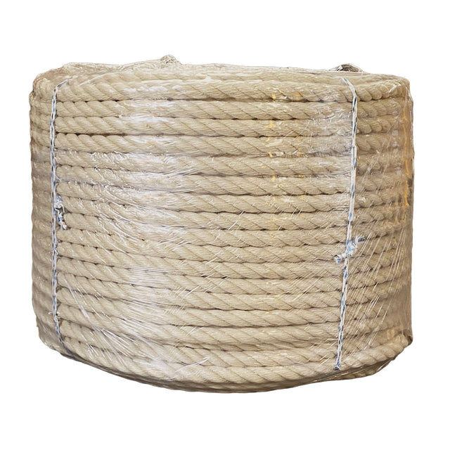 Clear wrapped coil of beige 24mm PolyHemp Rope with a white background