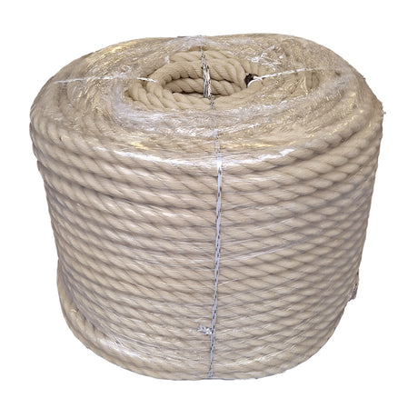 Clear wrapped coil of beige 28mm PolyHemp Rope with a white background