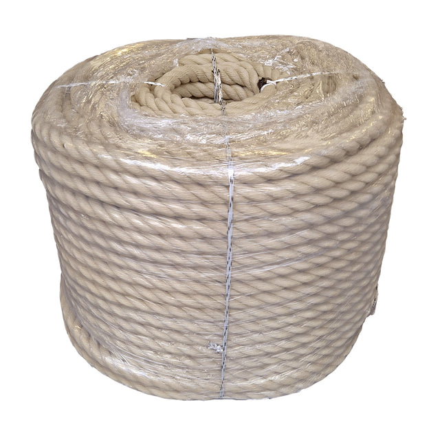 Clear wrapped coil of beige 28mm PolyHemp Rope with a white background