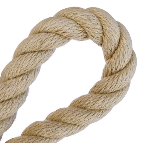 Close-up of a 28mm beige polyhemp rope in a loop with a white background