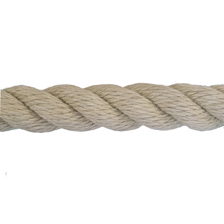 Close-up of beige 32mm polyhemp rope on a white background