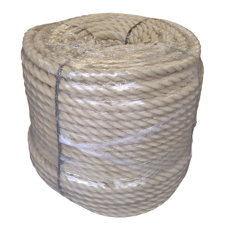 Clear wrapped coil of beige 32mm PolyHemp Rope with a white background