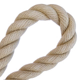 Close-up of a 32mm beige polyhemp rope in a loop with a white background