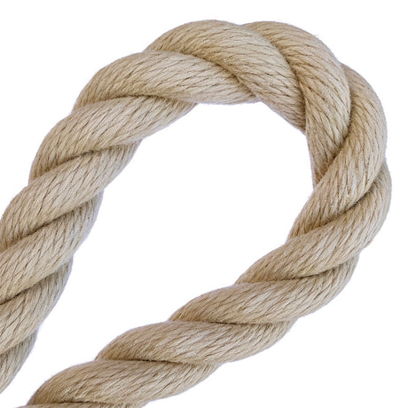 Close-up of a 32mm beige polyhemp rope in a loop with a white background