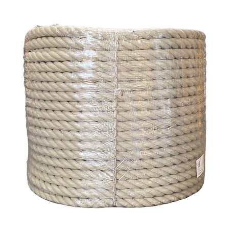 Clear wrapped coil of beige 36mm PolyHemp Rope with a white background