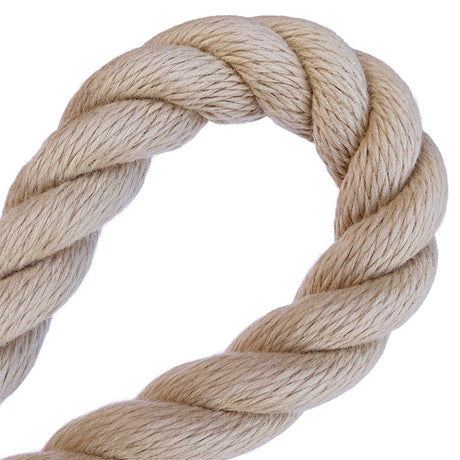 Close-up of a 36mm beige polyhemp rope in a loop with a white background