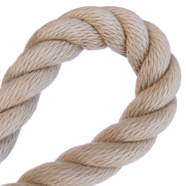 Close-up of a 36mm beige polyhemp rope in a loop with a white background
