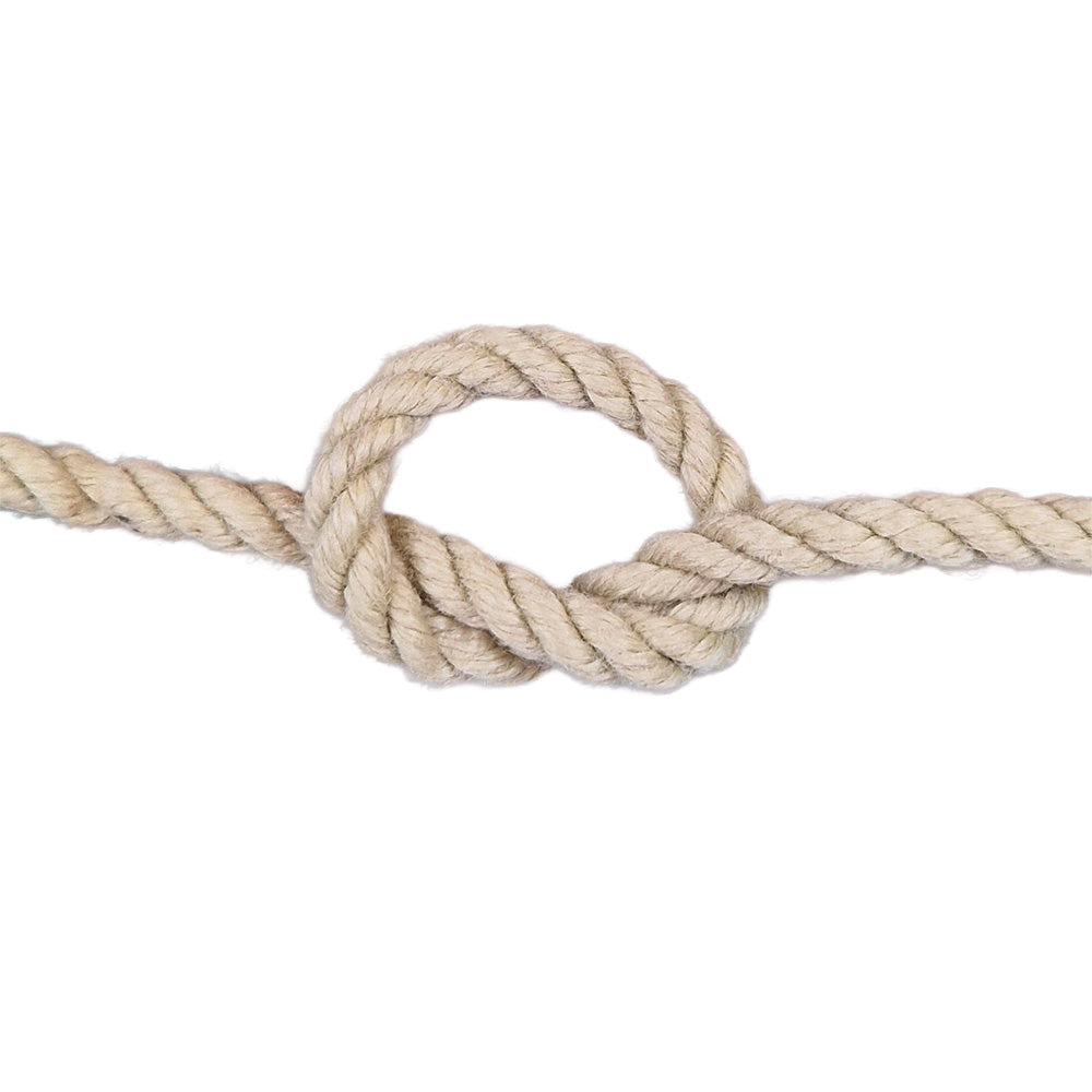 Close-up of a knotted piece of 6mm beige polyhemp rope with a white background