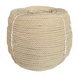 Coil of beige 6mm PolyHemp rope with white ties on a white background
