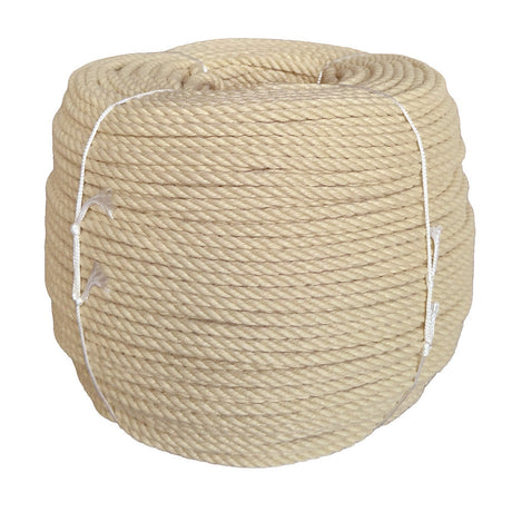 Coil of beige 6mm PolyHemp rope with white ties on a white background