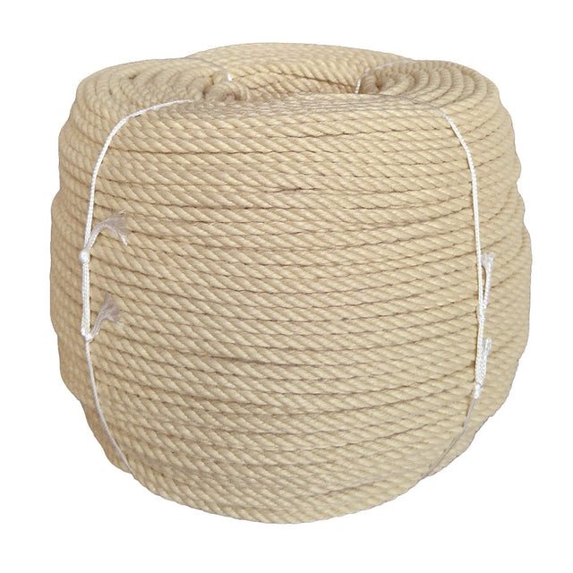 Coil of beige 6mm PolyHemp rope with white ties on a white background