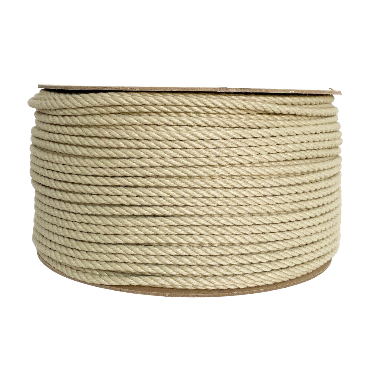 Spool of beige 6mm polyhemp rope on a reel with a white background