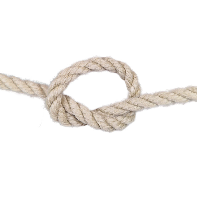 Close-up of a knotted piece of 8mm beige polyhemp rope with a white background