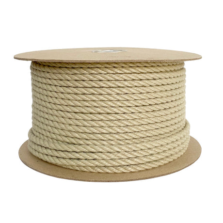 Spool of beige 8mm polyhemp rope on a reel with a white background