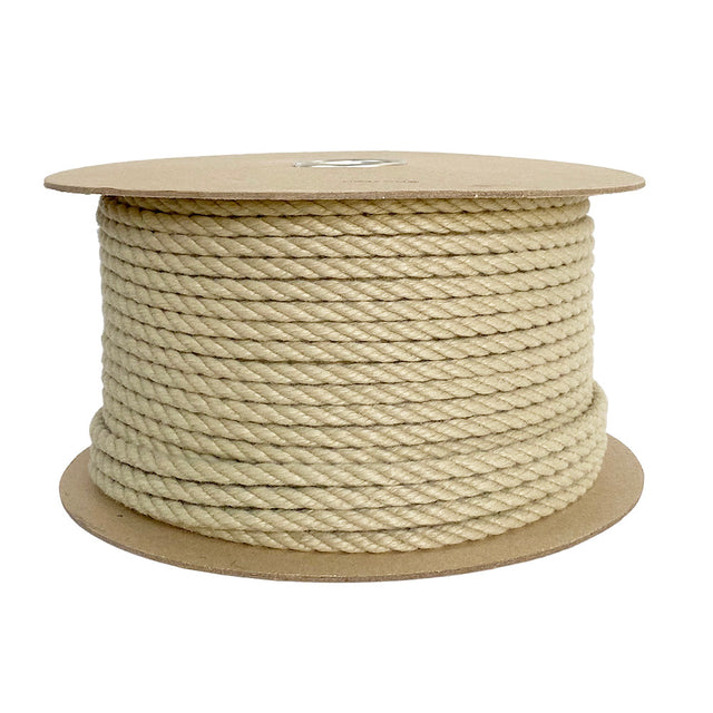 Spool of beige 8mm polyhemp rope on a reel with a white background