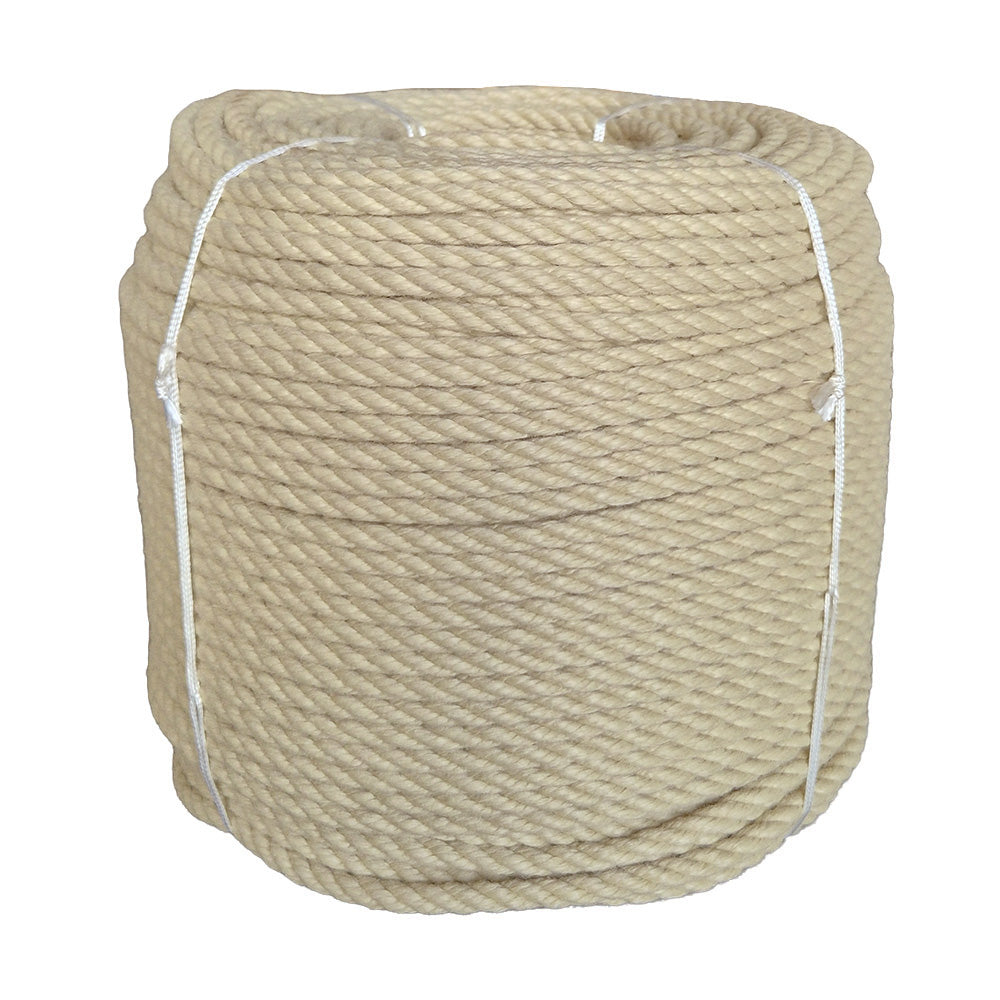 Coil of beige 8mm PolyHemp rope with white ties on a white background