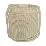 Coil of beige 8mm PolyHemp rope with white ties on a white background