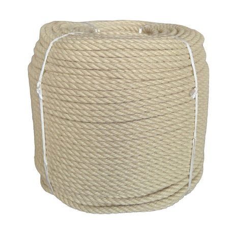 Coil of beige 8mm PolyHemp rope with white ties on a white background