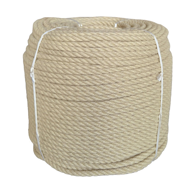 Coil of beige 8mm PolyHemp rope with white ties on a white background