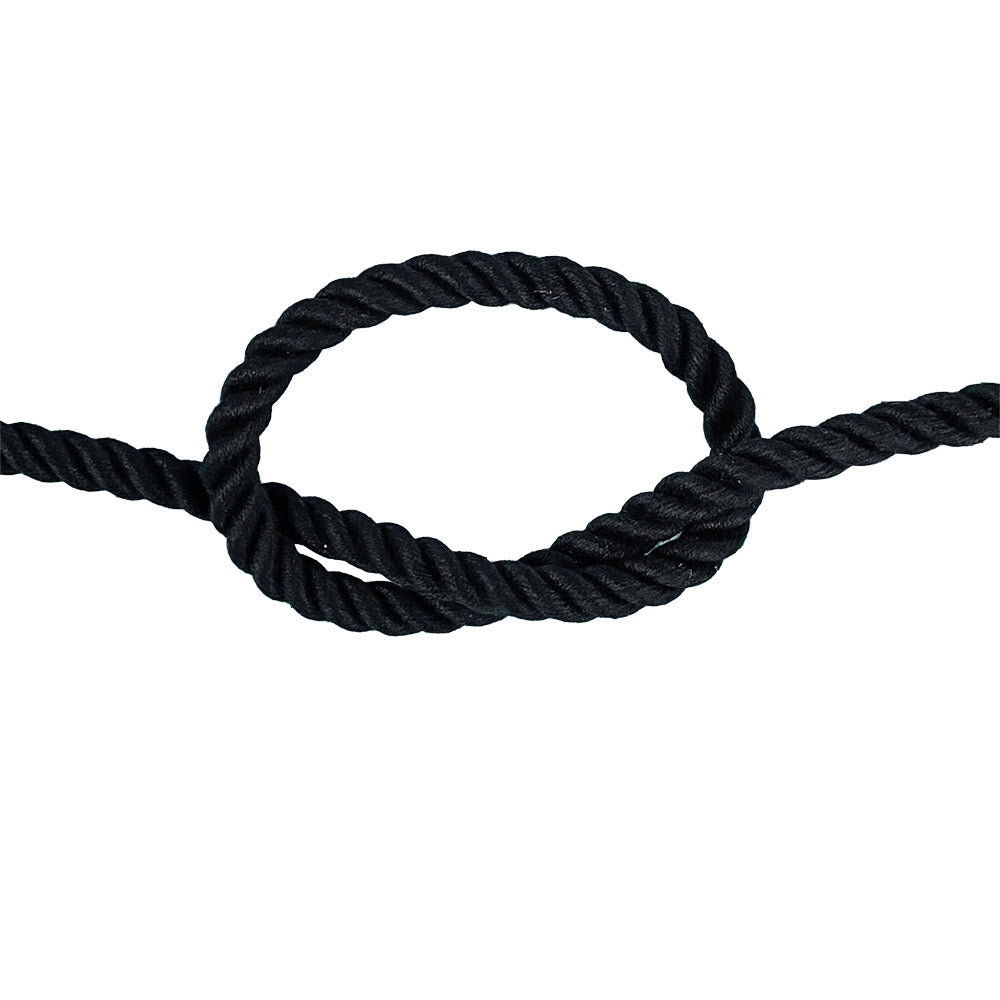 Black  polycotton rope with a knot on a white background