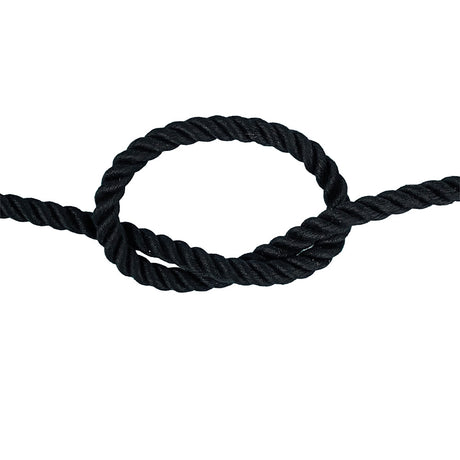 Black  polycotton rope with a knot on a white background