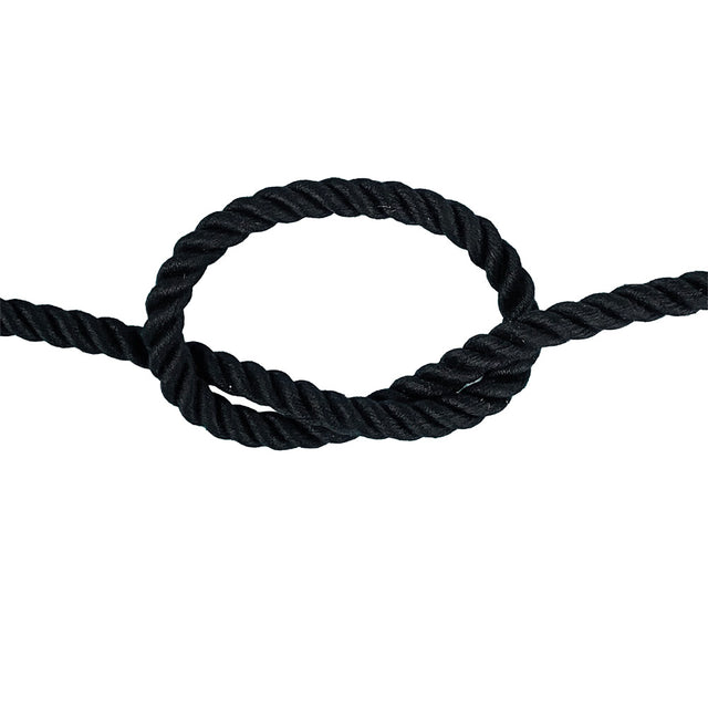 Black  polycotton rope with a knot on a white background