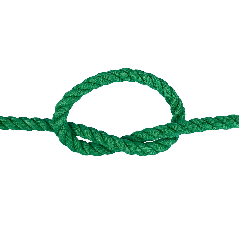 Green  polycotton rope with a knot on a white background