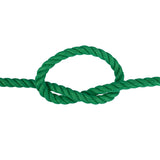 Green  polycotton rope with a knot on a white background